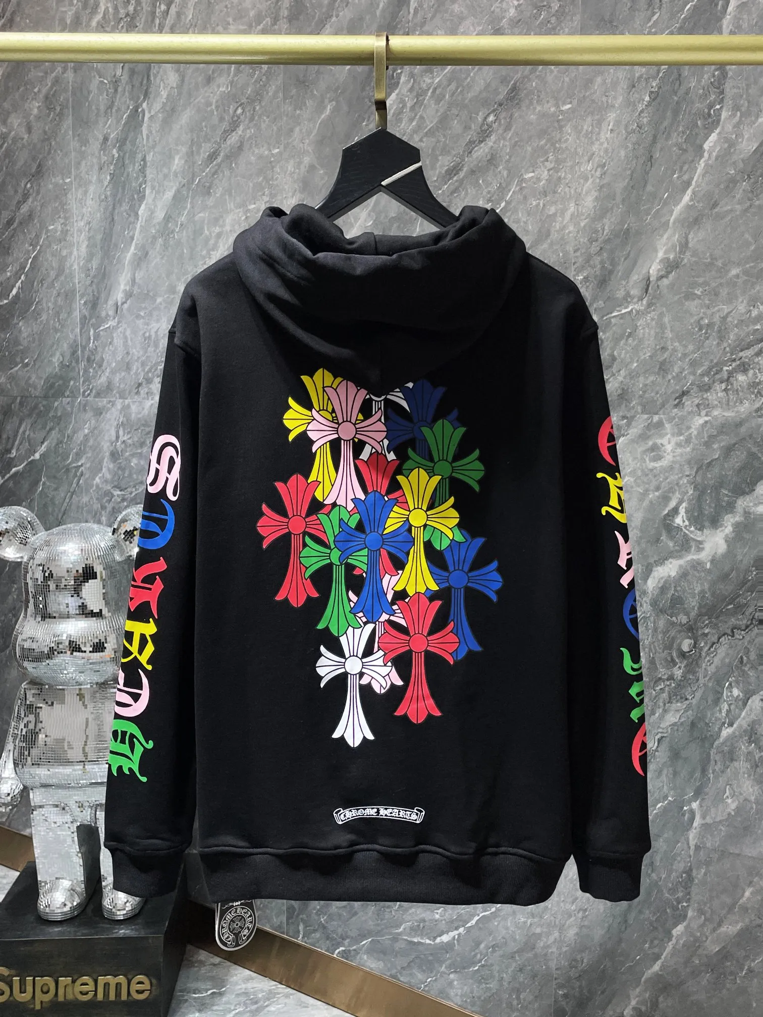 P246 Chrome Hearts Autumn and Winter 2025 simultaneous sale at counters❤️ Chrome Classic Color Phantom Cross Letter Flower Arm Hooded Sweatshirt Imported environmentally friendly glue printing and dyeing Improved customized version of 1:1 high-gram weight high-quality fabric Recommended Color: Black White Code Number: S, M, L, XL.